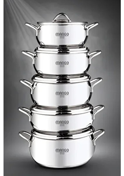 Mango Kitchen Çelik Tencere Seti 10 Parça Paslanmaz Çelik Şık Tasarım 18/10 Gri Renk
