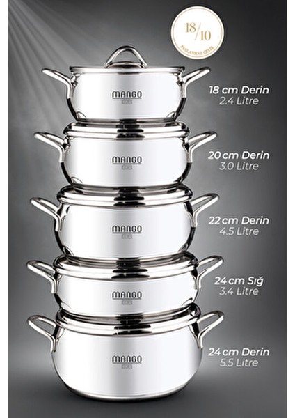 Mango Kitchen Çelik Tencere Seti 10 Parça Paslanmaz Çelik Şık Tasarım 18/10 Gri Renk modelleri