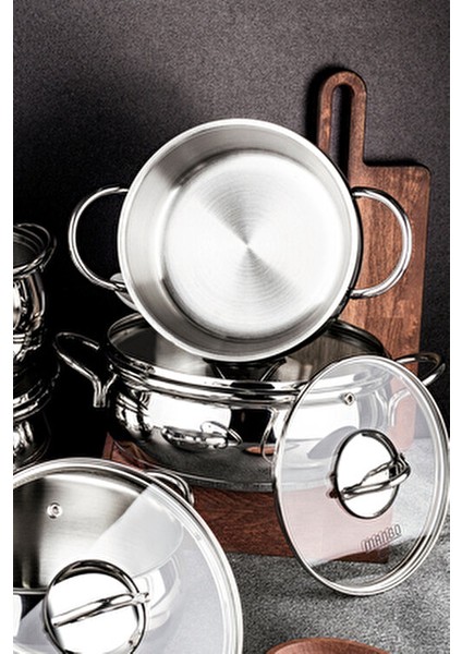 Mango Kitchen Çelik Tencere Seti 10 Parça Paslanmaz Çelik Şık Tasarım 18/10 Gri Renk