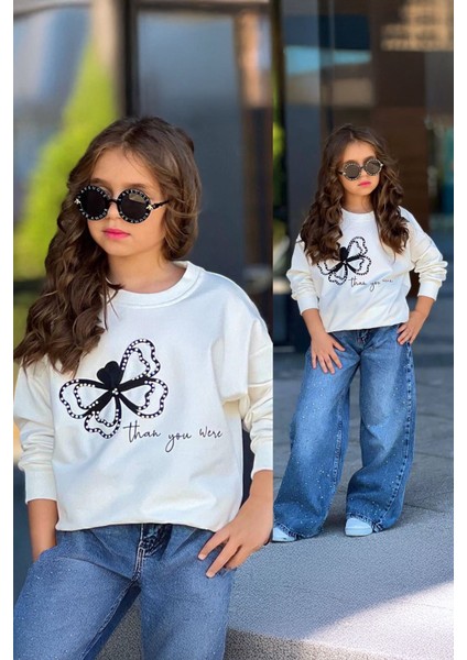 Taşlı Kot Pantolonlu Kelebek Detaylı Kız çocuk takım - Mavi