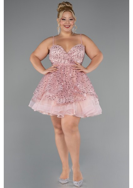 Askılı Kısa Pullu Büyük Beden Nişan Elbisesi ABK2436