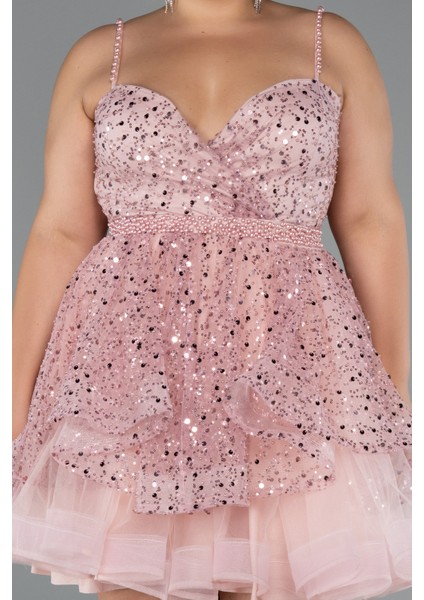 Askılı Kısa Pullu Büyük Beden Nişan Elbisesi ABK2436 modelleri