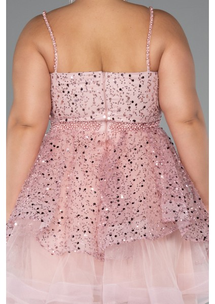 Askılı Kısa Pullu Büyük Beden Nişan Elbisesi ABK2436 fırsatları