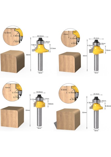 4pcs 8mm Shank Roundover Touter Bit Set-Wood Working Freze Kesici Kenar Yuvarlama ve Pahlatma (Yurt Dışından)