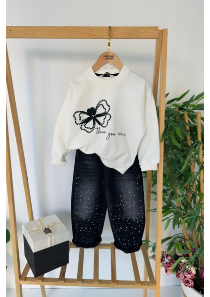 Taşlı Kot Pantolonlu Kelebek Detaylı Kız çocuk takım - Siyah fiyatları