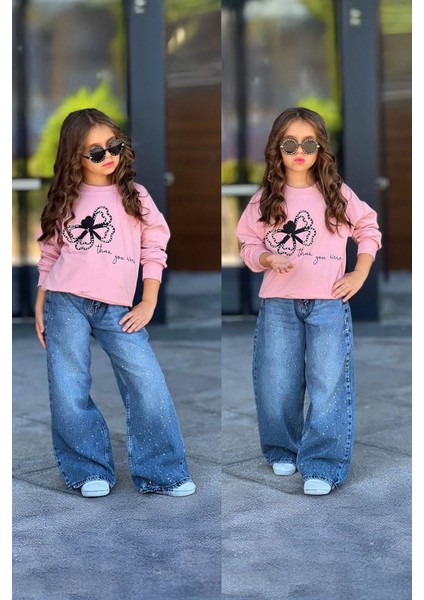 Taşlı Kot Pantolonlu Kelebek Detaylı Kız çocuk takım - Pembe