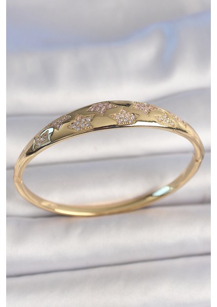 Gold Renk Zirkon Taşlı Yıldız Işlemeli Kadın Kelepçe Bilezik 6001 (Pirinç)