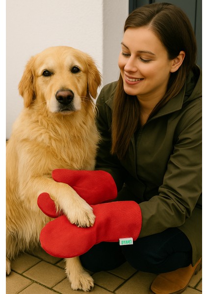 Köpek Pati Kurulama Eldiveni, 2 Katlı Süper Su Emici Mikrofiber, 1 Çift, Kırmızı