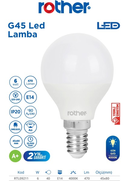 RTL09211-10 Rother G45 LED Ampul 6W E14 470 Lümen 4000K Gün Işığı Enerji Tasarruflu Ampul 10 Adet