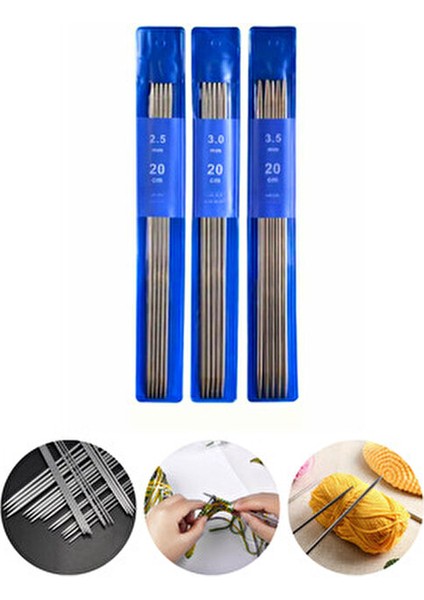 3 Adet Patik Çorap Şiş Seti (2.5-3-3.5no)-Kısa Çift Uçlu 20CM-BAŞLANGIÇ ve Çocukları Şiş Seti