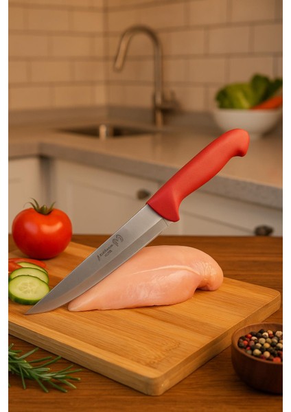 Paslanmaz Çelik Kasap Bıçağı Kırmızı Saplı Et ve Mutfak Bıçağı 27 cm