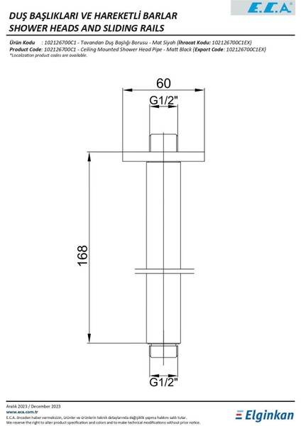 Tavandan Duş Başlığı Borusu, Mat Siyah, 168 mm Uzunluk fiyatları