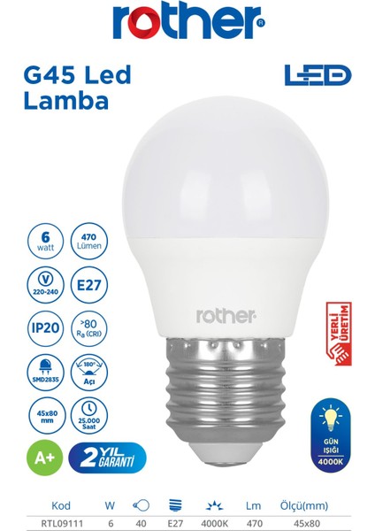 RTL09111-5 Rother G45 LED Ampul 6W E27 470 Lümen 4000K Gün Işığı Enerji Tasarruflu Ampul 5 Adet