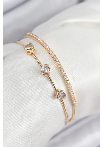 Pirinç Zirkon Taşlı Kalp Model Gold Renk Kadın Bileklik - TJ-BB7861