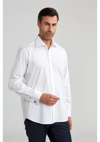 Erkek Regular Fit Klasik Yaka Duble Manşet Cepsiz Beyaz Gömlek GMKLS1KC224007_D01 indirimleri