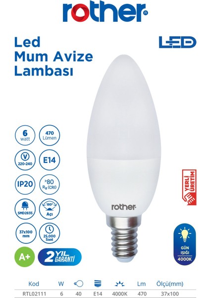 RTL02111-5 Rother LED Mum Avize Ampul 6WE14 470 Lümen 4000K Gün Işığı Enerji Tasarruflu Ampul 5 Adet