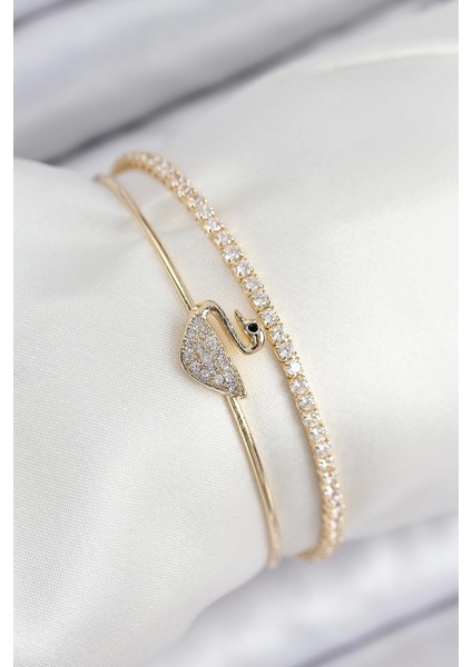 Pirinç Zirkon Taşlı Kuğu Model Gold Renk Kadın Bileklik - TJ-BB7889