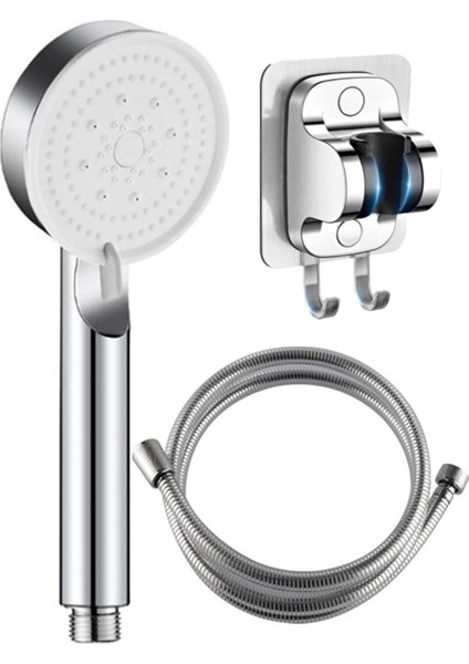 Krom 5 Fonksiyonlu Banyo Duş Başlığı Seti, 1,5 M Örgülü Hortum ve Yapışkanlı Mafsal