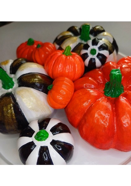 Taş Balkabağı Tabağı - Oval Sunum Tabağı ve 7 Boy Balkabağı - El Yapımı Biblo