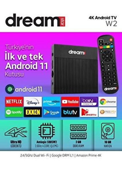W2 Android TV Box 16 GB eMMC 2 GB RAM 4K HDMI Ethernet Wi-Fi Özellikleri ile