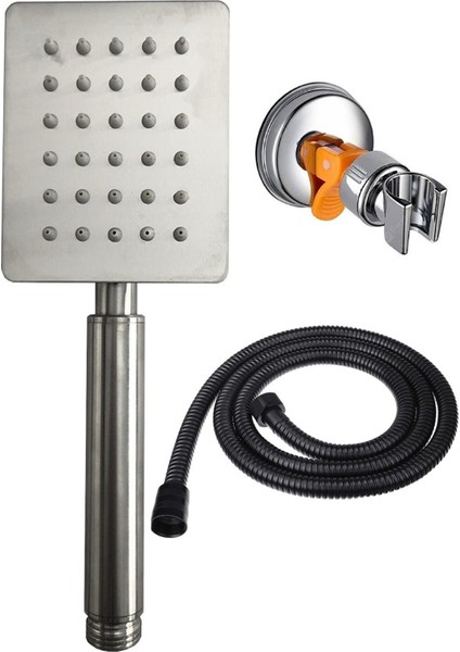 Kare Paslanmaz Duş Başlığı, Siyah Hortum ve Vakumlu Mafsal Takımı