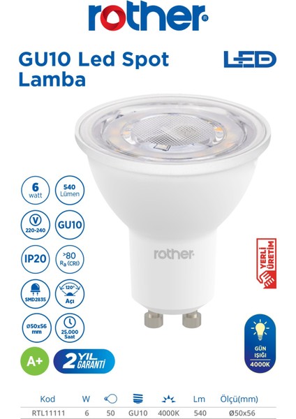 RTL11111 Rother GU10 LED Spot Ampul 6W 540 Lümen 4000K Gün Işığı - Enerji Tasarruflu Ampul