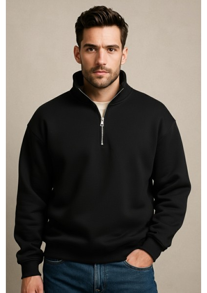Regular Fit Dik Yaka Yarı Fermuarlı Şardonlu Siyah Erkek Sweatshirt - Prime
