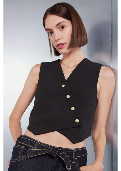 Fitted Vücuda Oturan V Yaka Crop Çapraz Düğmeli Blazer Yelek D3159AX24AU