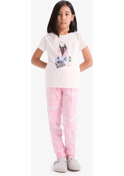 Kız Çocuk Pijama Takımı Bisiklet Yaka Baskılı Kısa Kollu Üst Uzun Alt E0540A825SM