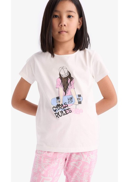 Kız Çocuk Pijama Takımı Bisiklet Yaka Baskılı Kısa Kollu Üst Uzun Alt E0540A825SM