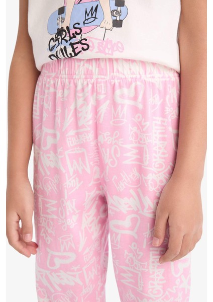 Kız Çocuk Pijama Takımı Bisiklet Yaka Baskılı Kısa Kollu Üst Uzun Alt E0540A825SM