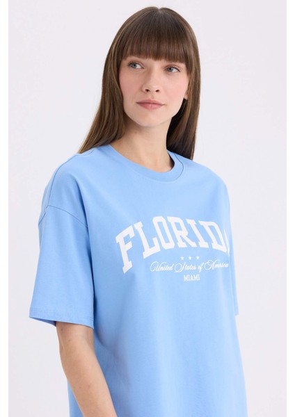 Oversize Geniş Kalıp Bisiklet Yaka Baskılı Kısa Kollu Tişört E5056AX25SP