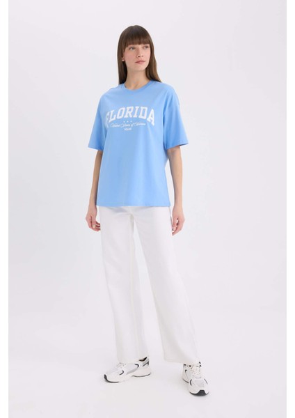 Oversize Geniş Kalıp Bisiklet Yaka Baskılı Kısa Kollu Tişört E5056AX25SP