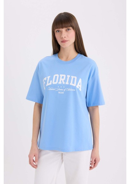 Oversize Geniş Kalıp Bisiklet Yaka Baskılı Kısa Kollu Tişört E5056AX25SP