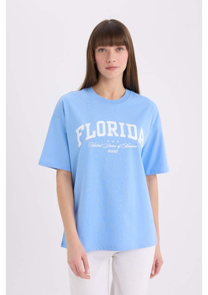 Oversize Geniş Kalıp Bisiklet Yaka Baskılı Kısa Kollu Tişört E5056AX25SP