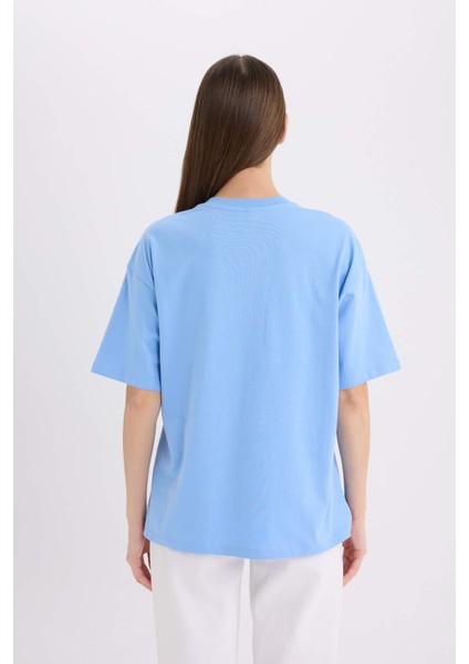 Oversize Geniş Kalıp Bisiklet Yaka Baskılı Kısa Kollu Tişört E5056AX25SP