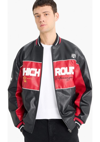 Oversize Geniş Kalıp Kolej Yaka Bomber Nakış Detaylı Fermuarlı Suni Deri İç Cepli Mont E9050AX25AU