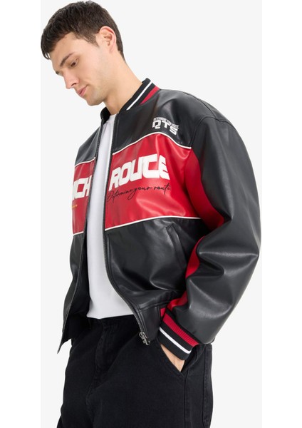 Oversize Geniş Kalıp Kolej Yaka Bomber Nakış Detaylı Fermuarlı Suni Deri İç Cepli Mont E9050AX25AU