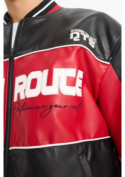 Oversize Geniş Kalıp Kolej Yaka Bomber Nakış Detaylı Fermuarlı Suni Deri İç Cepli Mont E9050AX25AU