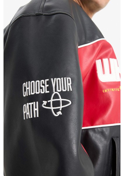 Oversize Geniş Kalıp Kolej Yaka Bomber Nakış Detaylı Fermuarlı Suni Deri İç Cepli Mont E9050AX25AU