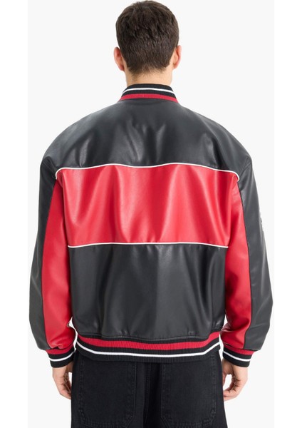 Oversize Geniş Kalıp Kolej Yaka Bomber Nakış Detaylı Fermuarlı Suni Deri İç Cepli Mont E9050AX25AU