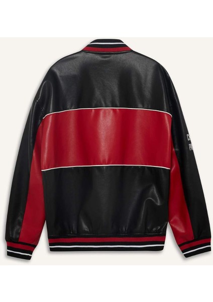 Oversize Geniş Kalıp Kolej Yaka Bomber Nakış Detaylı Fermuarlı Suni Deri İç Cepli Mont E9050AX25AU
