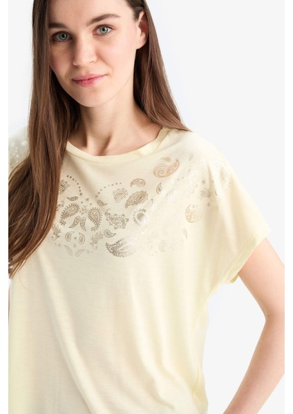 Bisiklet Yaka Baskılı Kısa Kollu Tişört E9052AX25SM