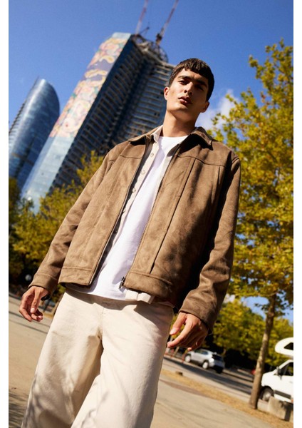 Regular Fit Gömlek Yaka Fermuarlı İç Cepli Süet Mont E8900AX25AU
