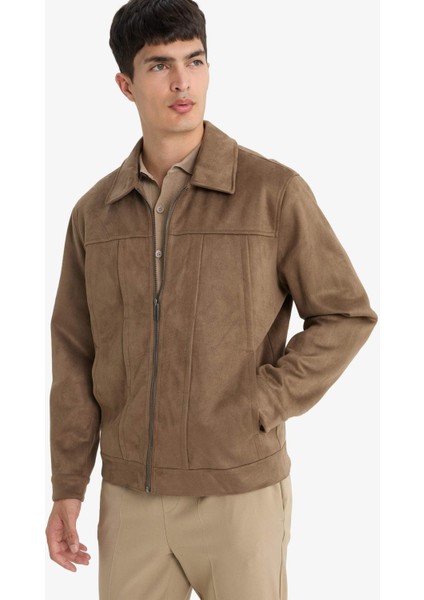 Regular Fit Gömlek Yaka Fermuarlı İç Cepli Süet Mont E8900AX25AU