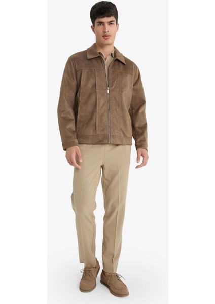 Regular Fit Gömlek Yaka Fermuarlı İç Cepli Süet Mont E8900AX25AU