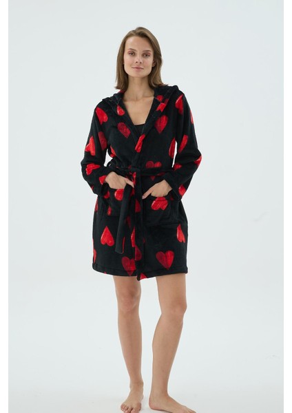 Kadın Siyah Kırmızı Kalp Desenli Polar Kısa Sabahlık C1T0N371