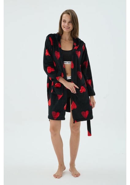 Kadın Siyah Kırmızı Kalp Desenli Polar Kısa Sabahlık C1T0N371 fiyatları