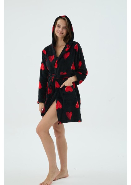 Kadın Siyah Kırmızı Kalp Desenli Polar Kısa Sabahlık C1T0N371 modelleri