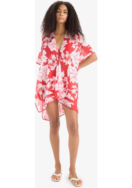 Regular Fit Tropikal Desenli Şifon Plaj Kimono-Fall in Love E8221AX25SP